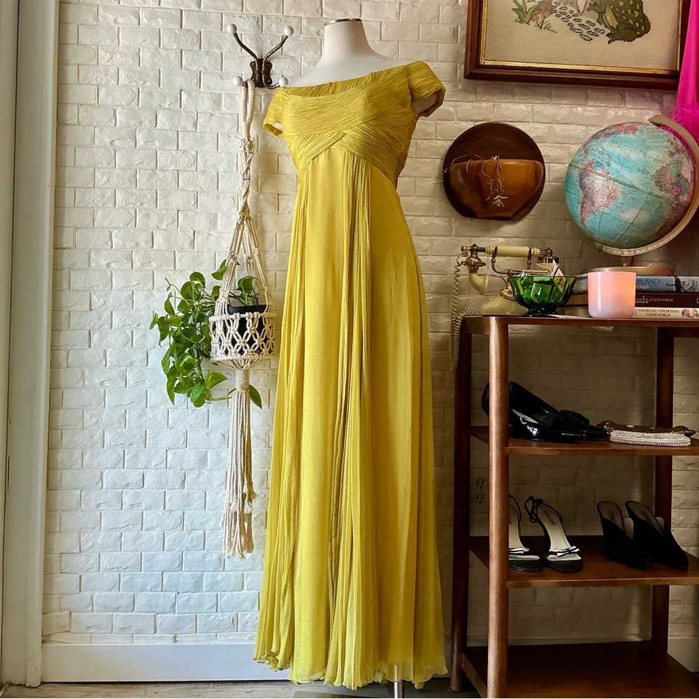 Montage by Mon Cheri Yellow Chartreuse Chiffon Flowy Gown with Shawl - Picture 3 of 14